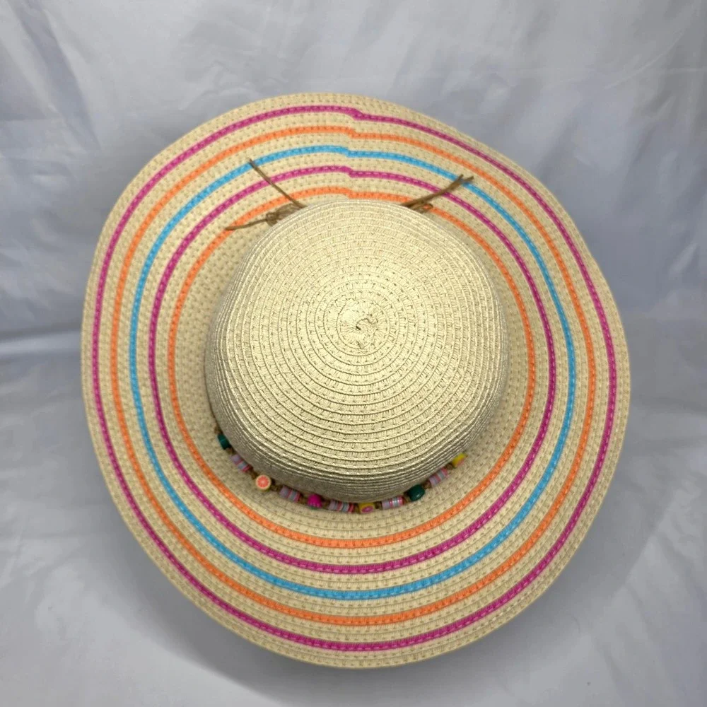 Target Straw Sun Hat Kids OS Tan Rainbow Stripe Fruit Bead Floppy Beach Boho